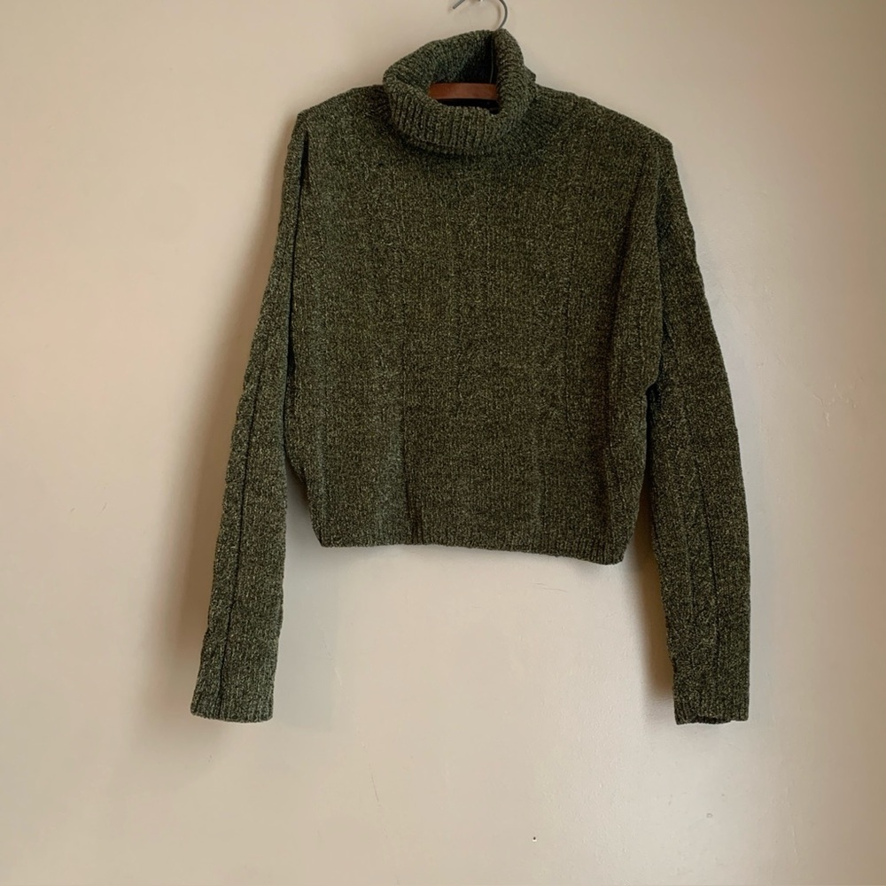 Cousin Johnny Chenille Knit Turtleneck Sweater Cropped Cable Knit Green Small